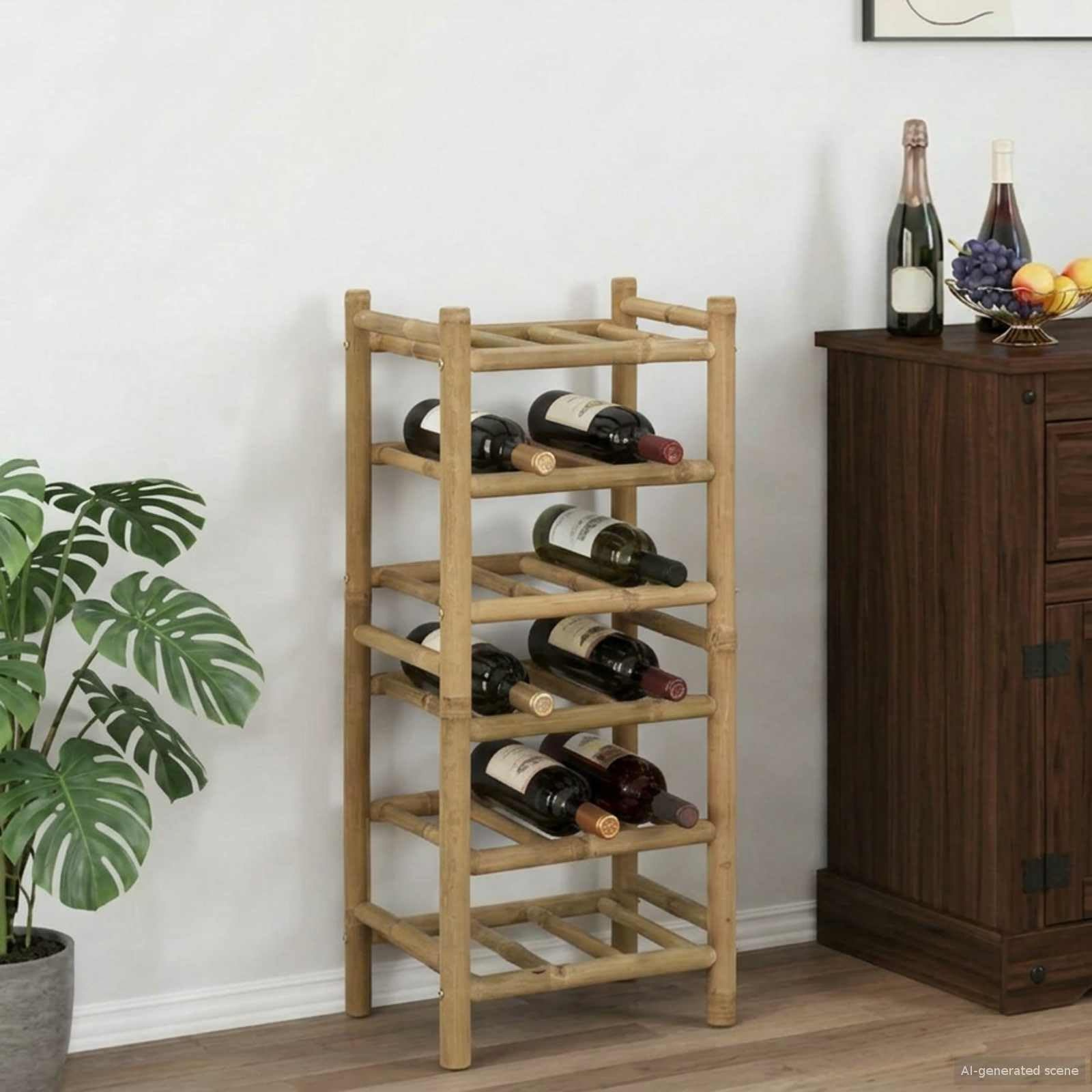 Étagère à vin en bambou 32,5 x 29,5 x 72 cm | Bambou naturel, construction facile, pour l'intérieur, facile d'entretien avec un chiffon