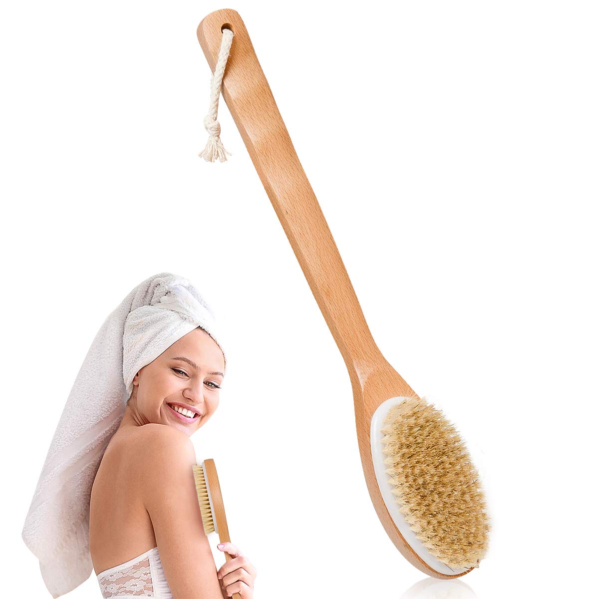 Szczotka do ciała – szczotka do pleców do prysznica – długa rączka szczotka do suchej skóry 40 cm do złuszczania i masażu limfatycznego oraz wspomagania krążenia krwi
