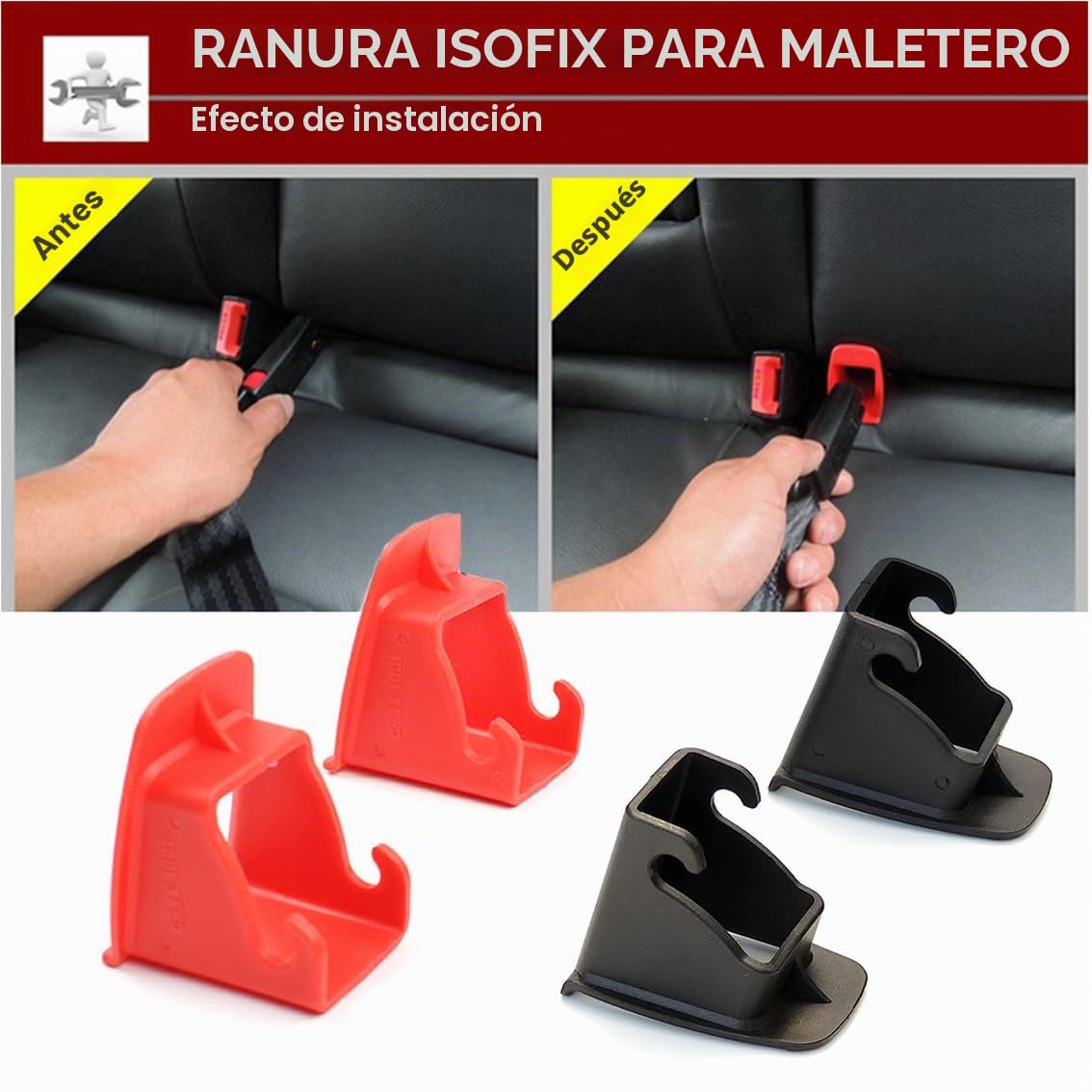 Amacoam Anclajes isofix, 4 Piezas ISOFIX Universal para Coche Adaptador isofix Sistemas de Fijación Unviersal para Asientos de Coche (Rojo)