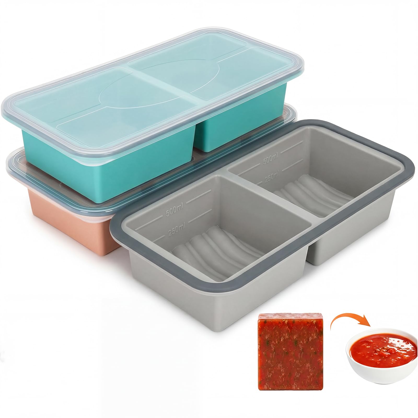 3 Pack Silicone Soup Freezer Containers, Soup Freezer Moulds, Ice Trays for Freezer, Ice Cube Tray for Storing 500mL/250mL Broth, Soup, Leftovers, Sauce, Makes 6 3-Cup Portions Cubes