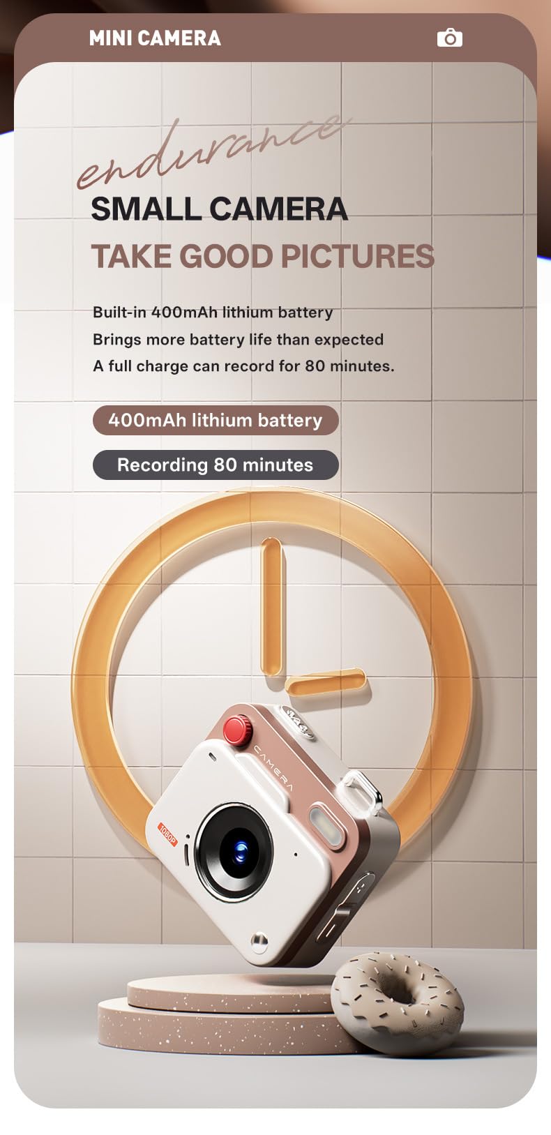 CCD Mini-Digitalkamera, Retro, 48 MP, tragbare Studentenkamera, 1080P FHD, kompakte Digitalkameras mit 1,7-Zoll-LCD-Bildschirm für Kinder, Mädchen, Jungen (Braun)