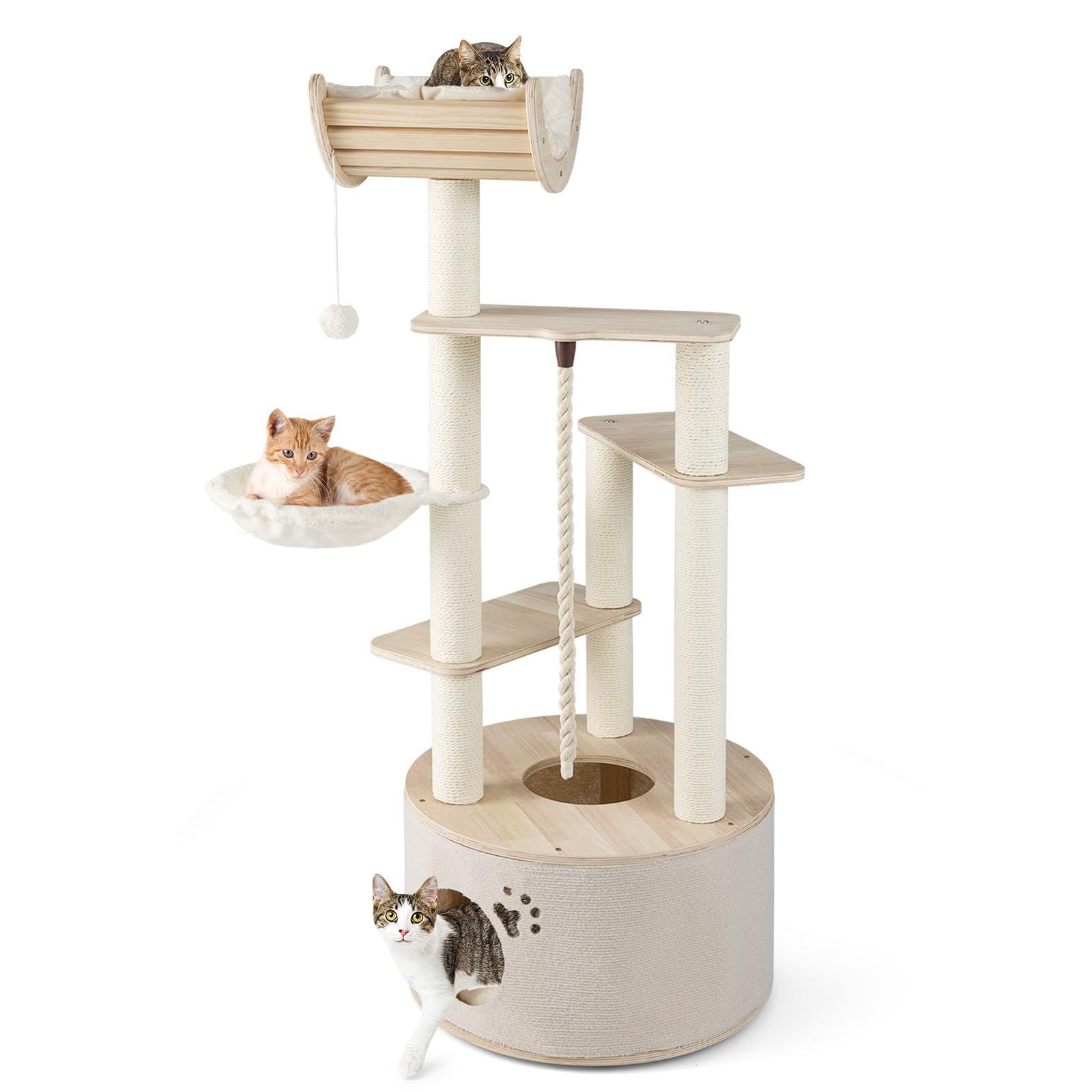 COSTWAY 141 cm Árbol Rascador para Gatos de Madera, Torre para Gatitos Multinivel con Condo, Cama Curvada, Hamaca, Postes Rascadores, Bola Colgante y Cuerda, Cojines Lavables, Castillo Gatos Interior