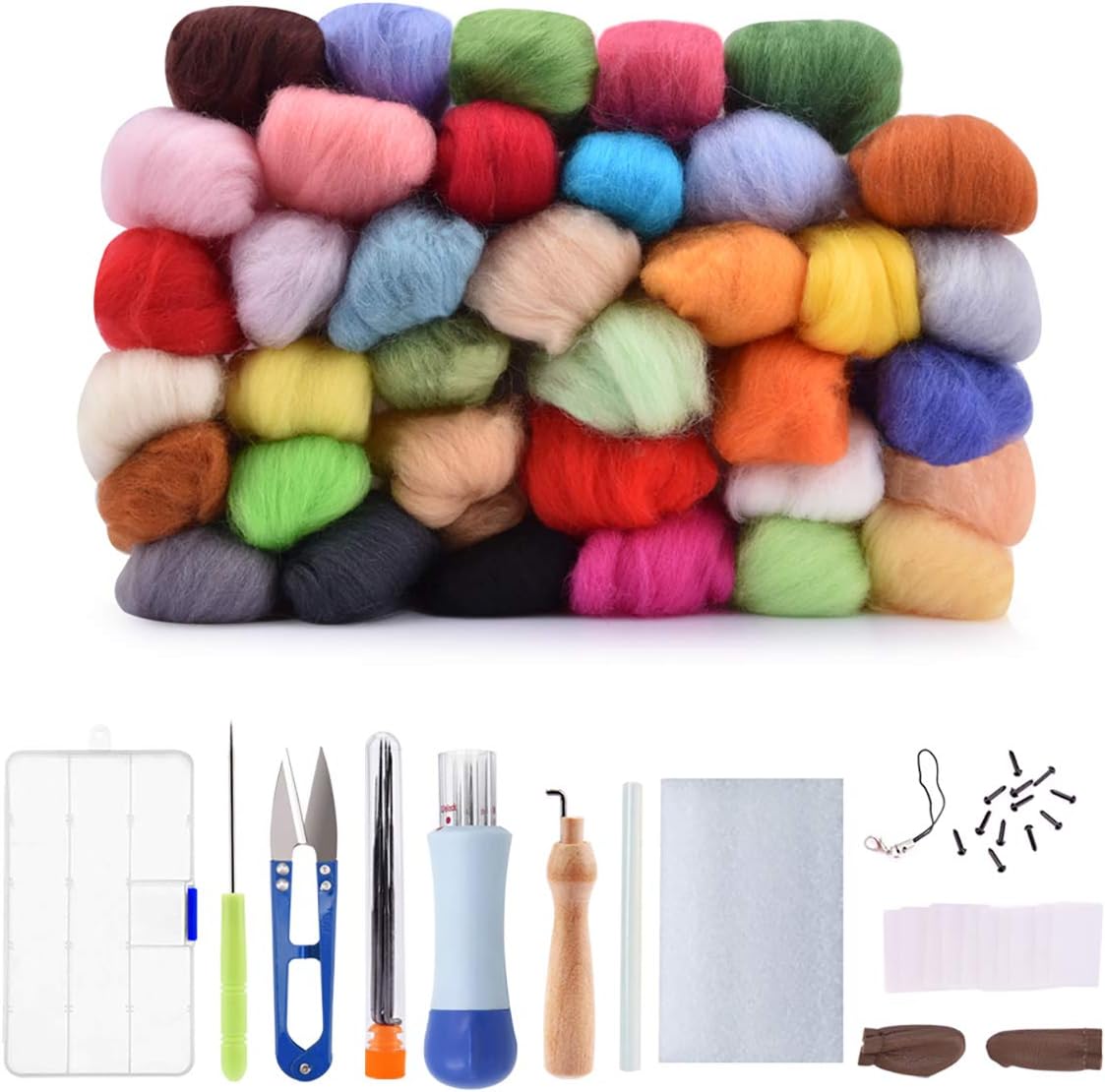 Queenbox 36 Colors Wool Roving Needle Felting Kit, Starter Needle Felt Tools & Instruction & Foam Mat for Adults Beginners DIY Craft Felted Animal Plants Handcraft Gift