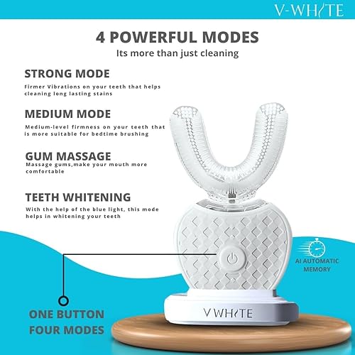 Miniatura 2 de V-White - Cepillo de dientes eléctrico para adultos, ultrasónico, en forma de U, para blanquear los dientes, limpieza bucal en 360°, protección