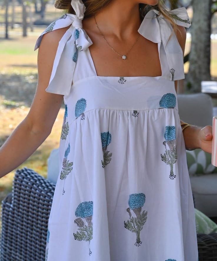 Image of Women Tie Shoulder Mini Dress Floral Ruffle Babydoll Dress Boho Square Neck Sundress Cute Summer Dresses