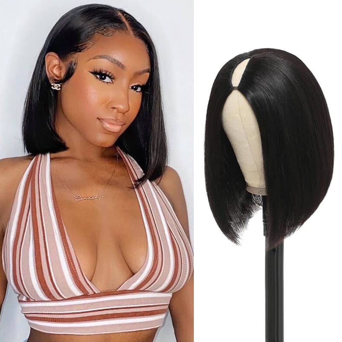 PANEWAY V Part Wig Human Hair Wigs For Black Women Straight Bob Wigs Human Hair Upgrade U Part Human Hair Wig No Glue Thin Leave Out Brazilian Virgin Hair Natural Color 10 inch