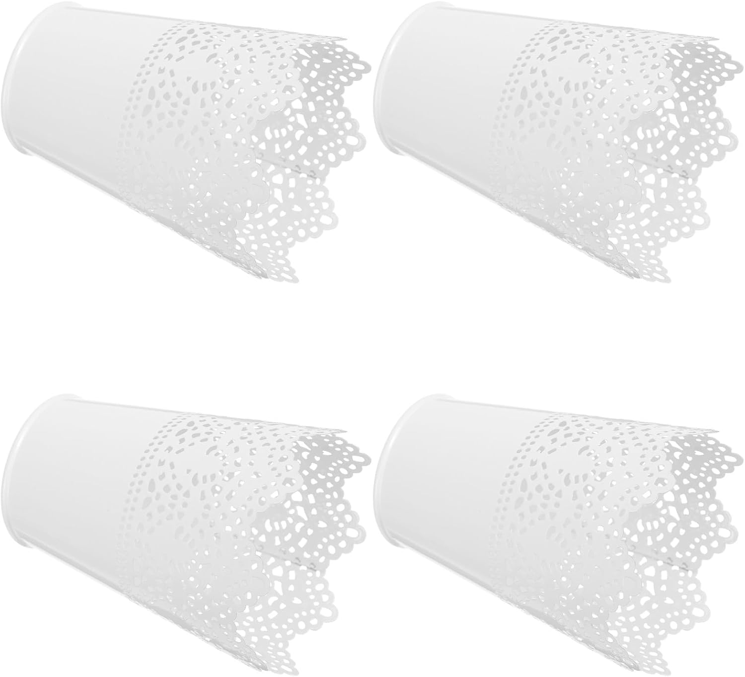 FRCOLOR Lace Design Iron Makeup Organizer Bucket Set of 4 Small White Cosmetic Storage Containers for Vanity Brush Holder and Skincare Tools