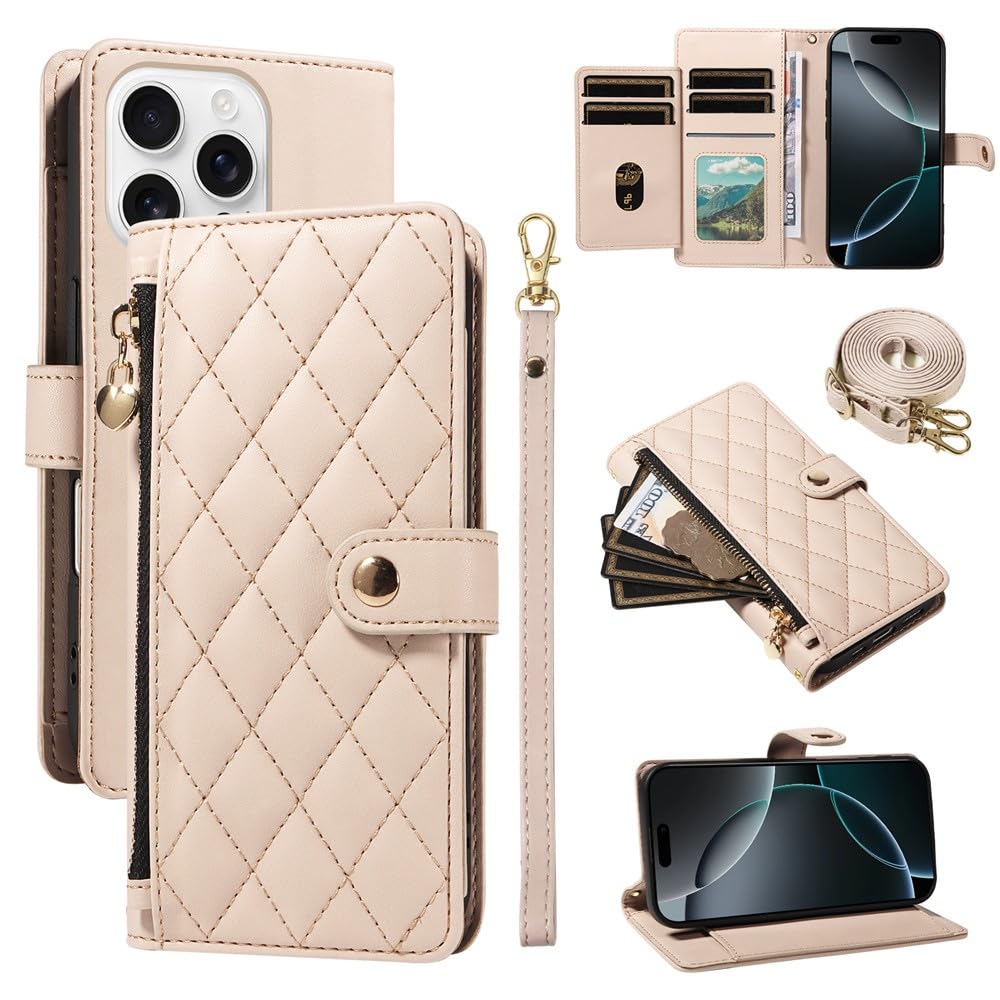 Étui portefeuille à fermeture éclair iPhone 13 Pro coque rabat cuir beige - 8
