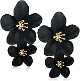 ANDPAI Unique Handmade Bohemian Large Matte Double Yellow Flower Dangle Drop Earrings White Metal floral Stud Earrings For Women Statement Wedding Holiday Jewelry Gifts Black
