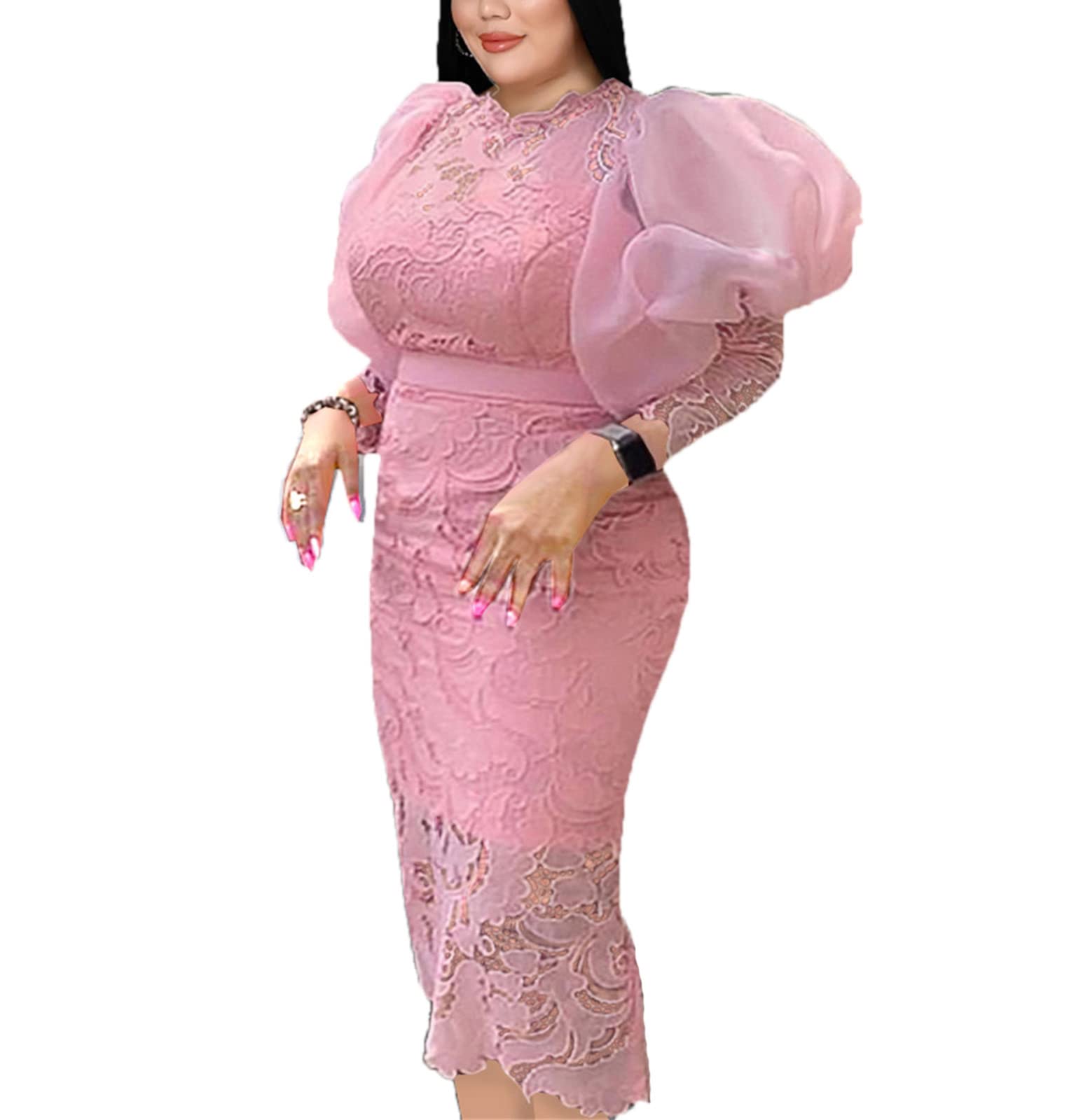 Abito da Donna in Pizzo Bianco Aderente Plus Size Abito a Tubino con Giunzione Solida a Maniche Lunghe per Cocktail Party di Matrimonio