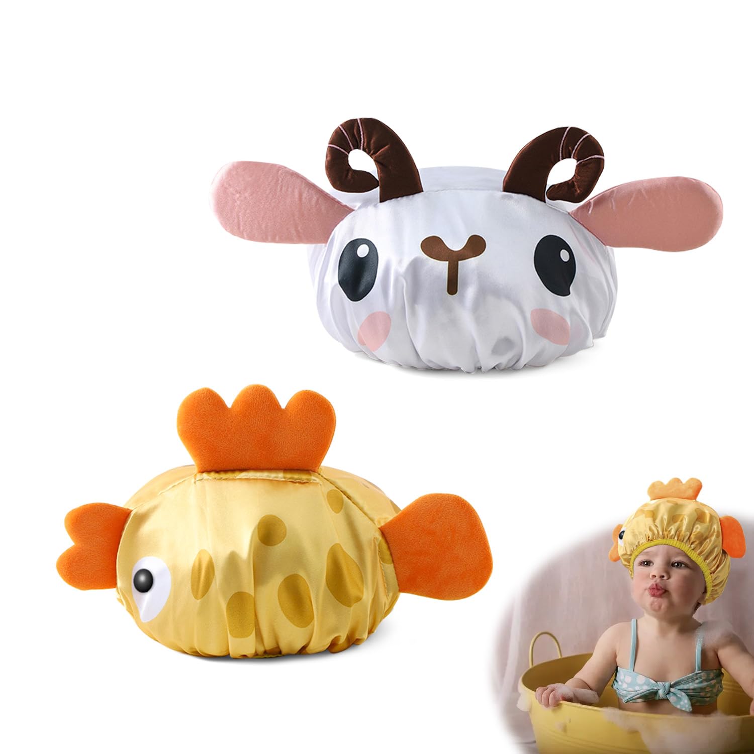 2 Piezas Impermeable Gorros de Ducha, PARFCO Gorro Ducha Niños, Gorro Ducha Lindo, con Correa Elástica Ajustable, Gorro Ducha Adecuado para que los Niños Tomen un Baño