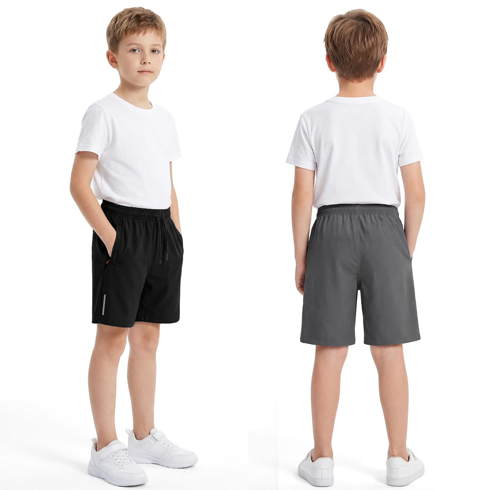 Pantaloncini Ragazzi, Rapida Asciugatura 2 Pezzi Sportivi Shorts con Strisce Riflettenti e Tasche Cerniera, Traspirante Abbigliamento Sportivo Scuola Ciclismo Bambini 6-13 Anni