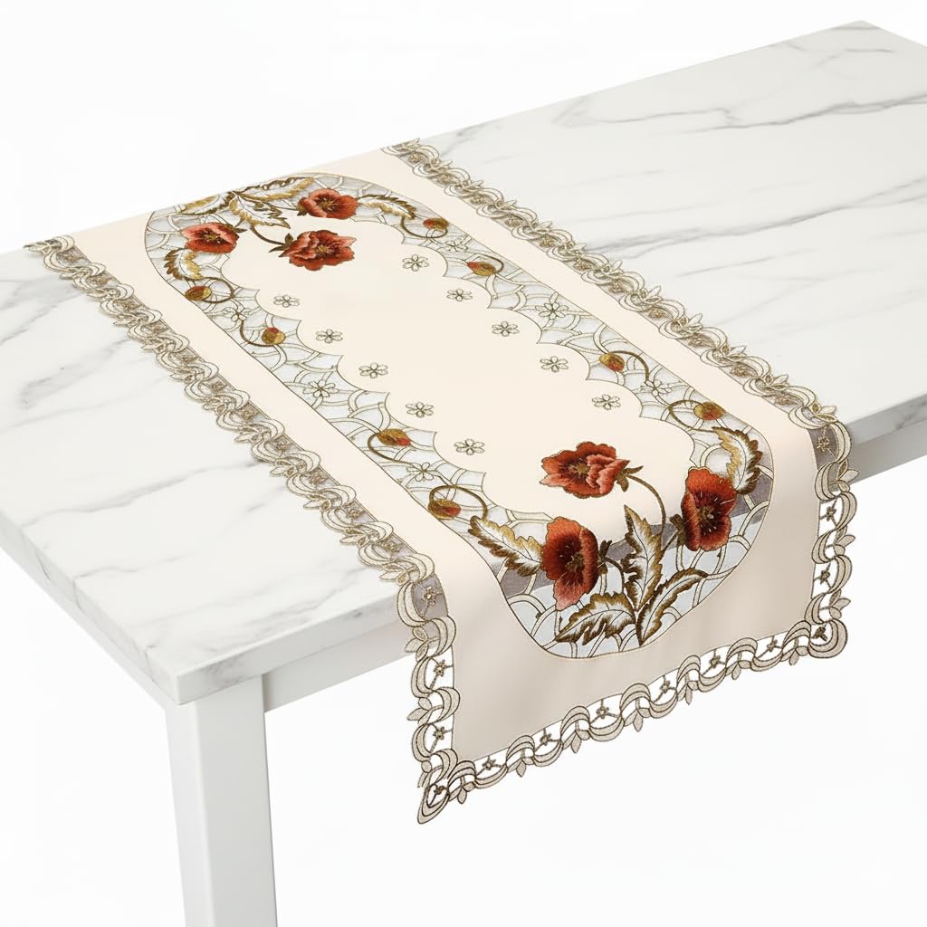 Arzoe Vintage European Flower Lace Table Runner Elegant Runners Cabinet Dining Room Table Decoration(Burgundy, Rectangle Table Runner 16"x36") (40X90CM))