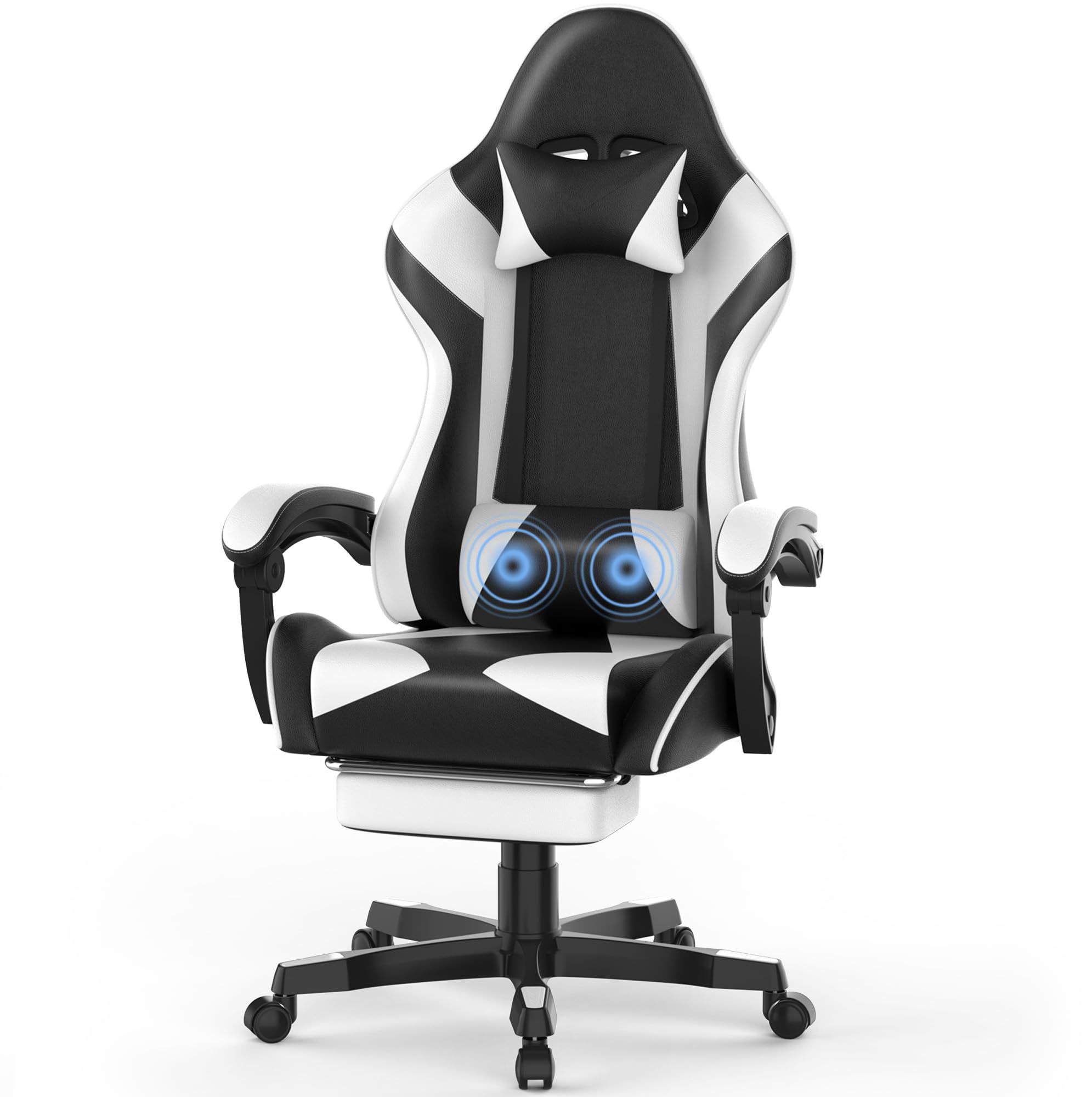 Soontrans Silla Gaming Ergonómica, Silla Gamer con Masajeador, Alfombrilla de Ratón, Reposapiés, Reposacabezas, Cuero sintético, Altura Ajustable, Cadeira Gaming para Juegos Online(Blanco y Negro)