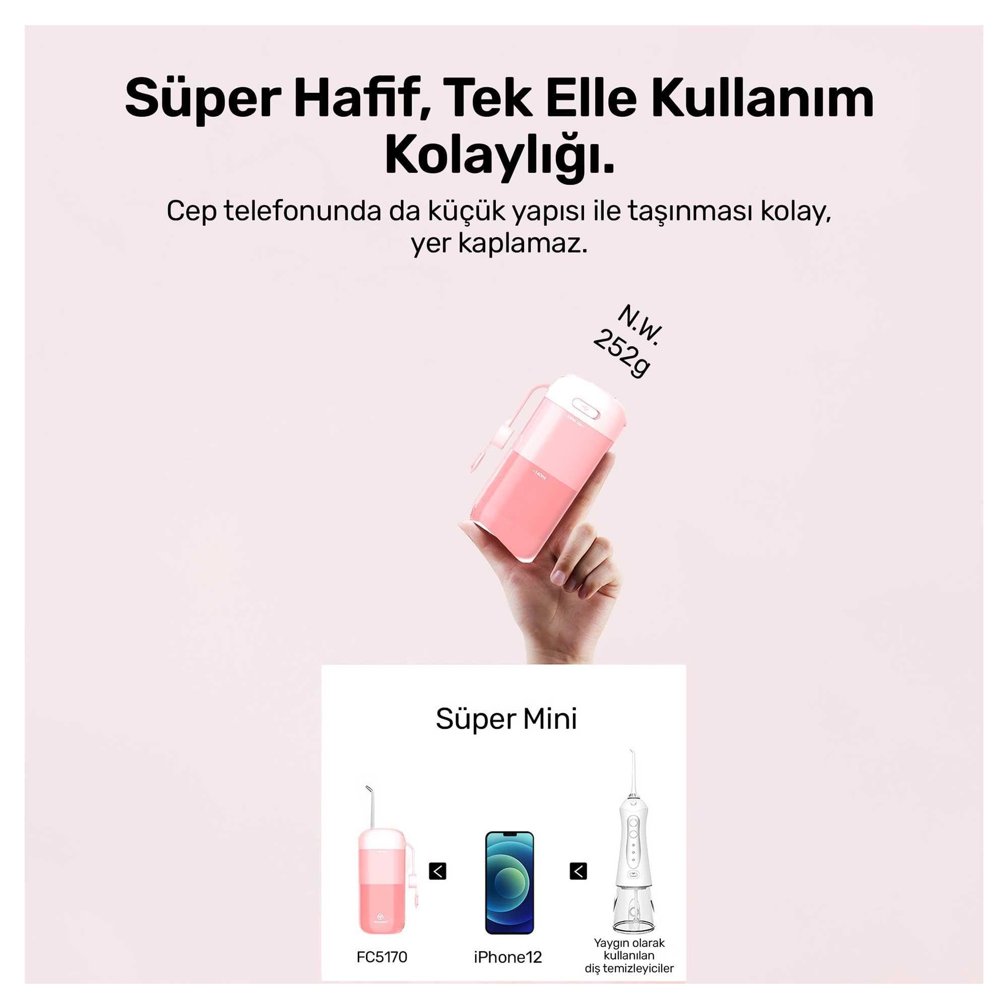 NPO Nicefeel FC5170 Mini Taşınabilir,Şarjlı, Diş Teli/Protez Bakım ve Profesyonel Ağız Duşu (Pembe)