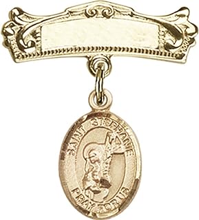 14kt Yellow Gold Baby Badge with St. Stephanie Charm and Arched Polished Badge Pin 7/8 X 3/4 inches
