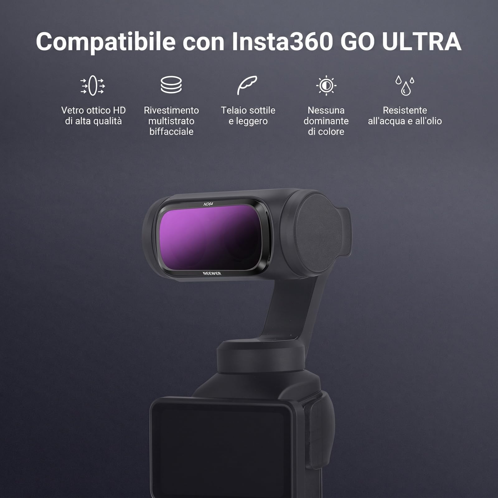 NEEWER Set di Filtri ND Solo Compatibile con Insta360 Luna Ultra, ND8+ND16+ND32+ND64, HD Filtri a Densità Neutra per Obiettivo di Action Camera Gimbal, Kit di Accessori Fotografici, FL-L01