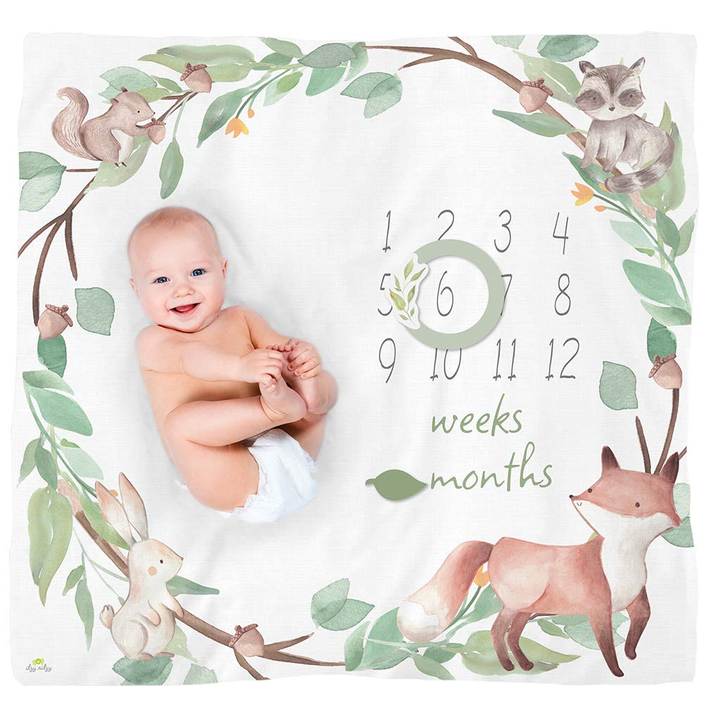 Photo 1 of Itzy Ritzy Muslin Milestone Blanket Set; Includes One Blanket and Two Date Markers; Capture Weekly and Monthly Infant Milestones, Woodland Animals