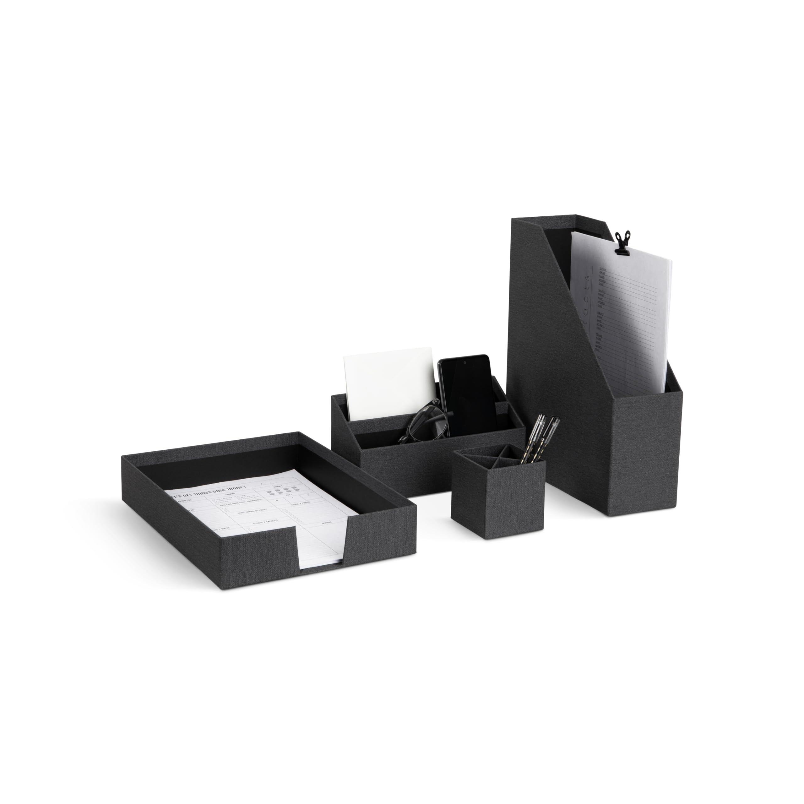 BIGSO HUGO 4-teiliges Schreibtisch Set mit 1 Stehsammler, 1 Stifthalter, 1 Sortierkasten und 1 Box ohne Deckel – Ordnungssystem aus Faserplatte und Papier in Leinenoptik – schwarz