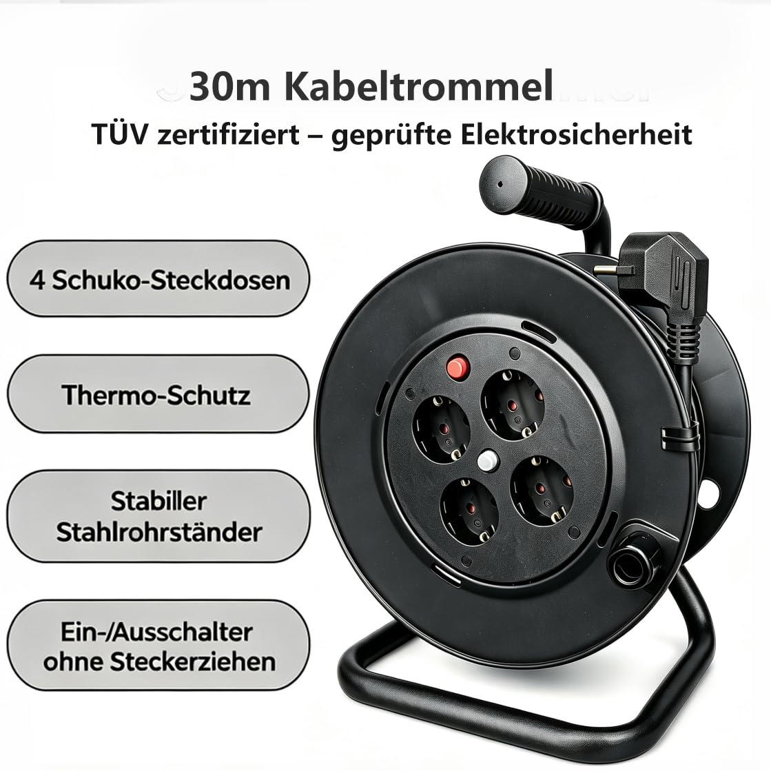Werkstatt Kabeltrommel 30m mit Schalter und Überhitzungsschutz | TÜV-Zertifiziert,IP20,Handkabeltrommel mit Tragegriff, ideal für Indoor und Garten, Kabelrolle mit Steckdosenleiste, schwarz