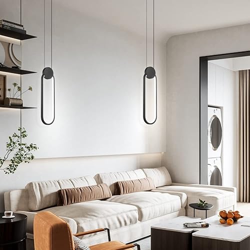 Miniatura 7 de Lámparas colgantes LED negras modernas, paquete de 2 unidades, diseño minimalista, iluminación colgante ovalada para isla de cocina, luz colgante