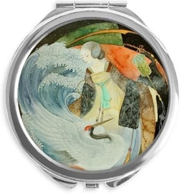 White Crane Chinese Antique Illustrator Hand Compact Mirror Round Portable Pocket Glass