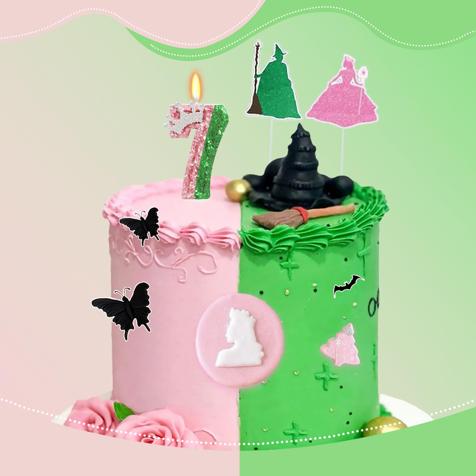 Vela con números de cumpleaños rosa y verde, vela con números de cumpleaños malvados, decoración de pastel para decoraciones de fiesta de cumpleaños (número 7)