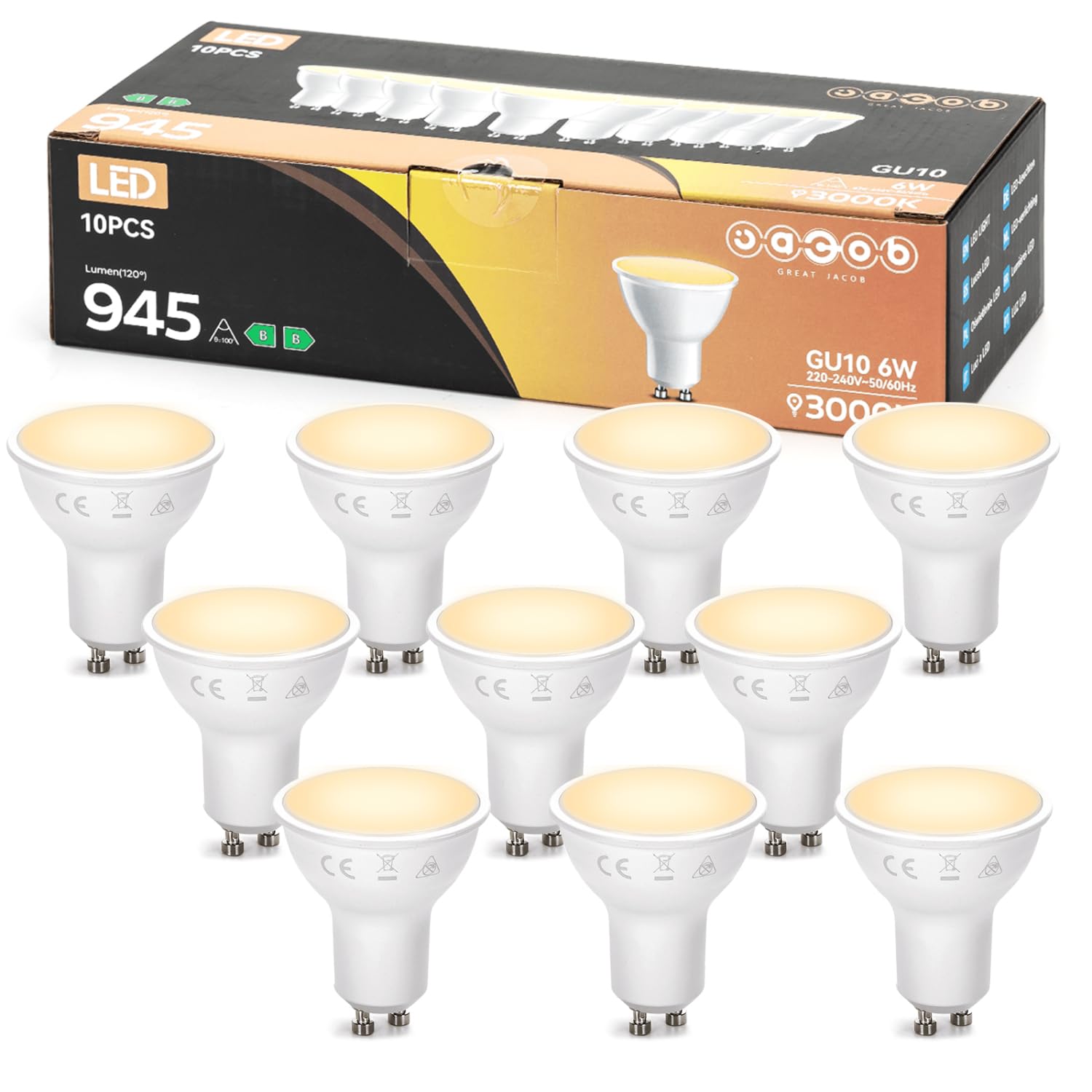 Ampoule LED GU10 6W Équivalent Halogène 128W, 3000K Blanc Chaud, 945 Lumens LED Ampoule Spot Non-Dimmable, Lot de 10