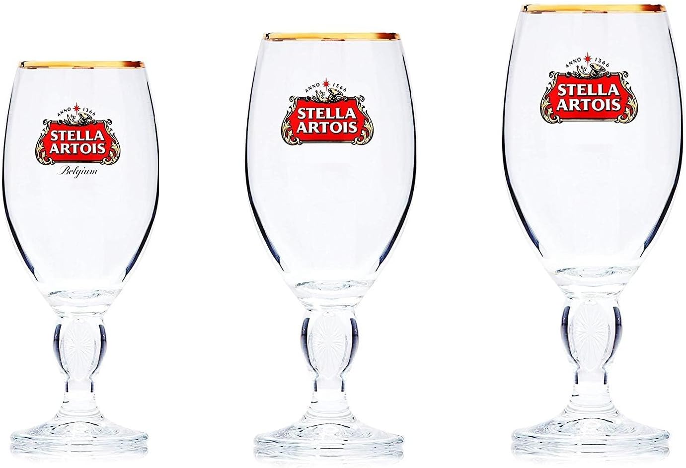 Stella Artois Beer Glasses, Set of 3 Signature Chalices, 11.2 oz, 13.5 oz, 16.9 oz