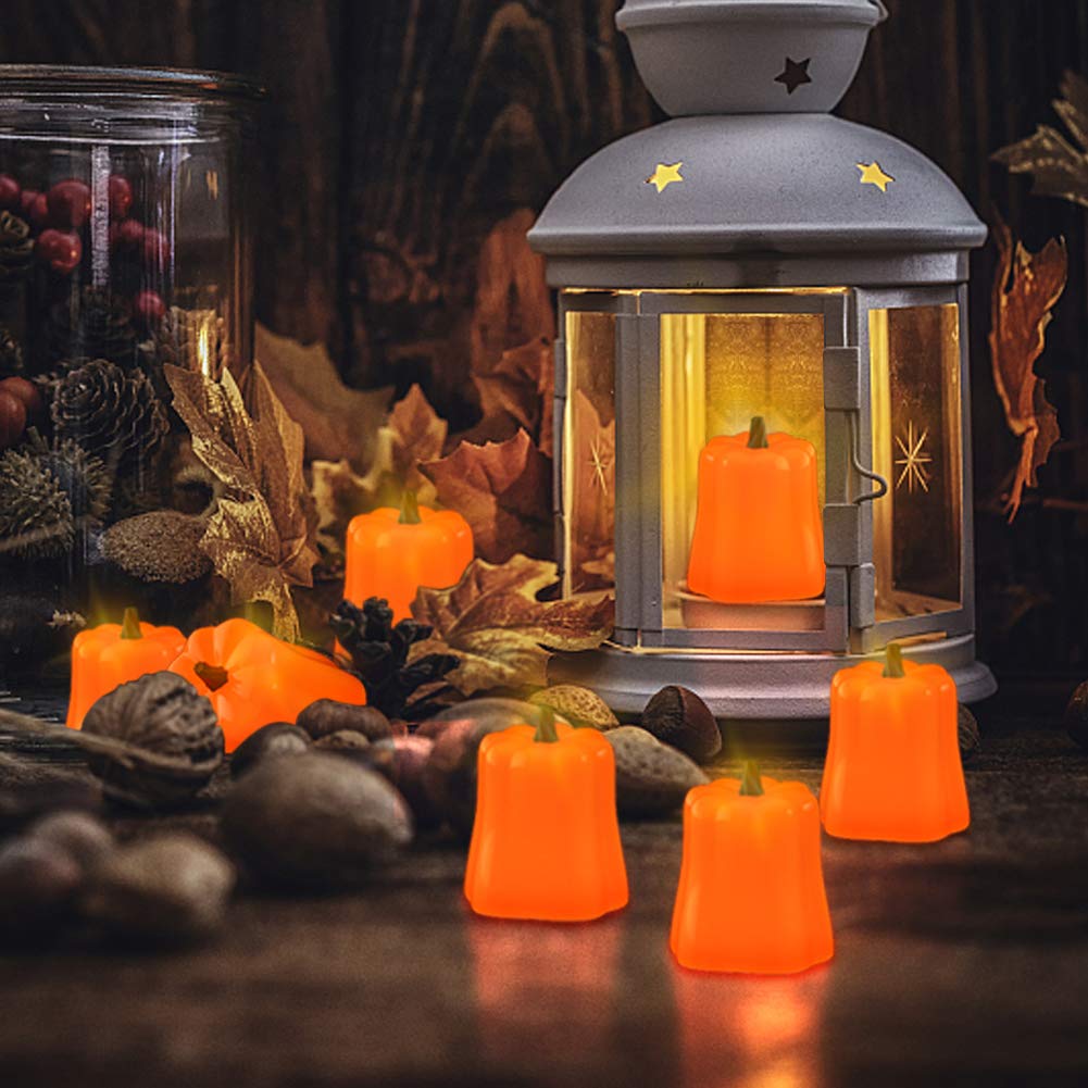 12 Pack Halloween Pumpkin LED Tea Lights - Battery Operated Flameless Flickering Candles For Decor