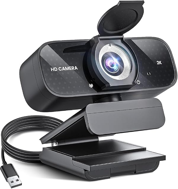 2K Webcam with Mic, Privacy Cover and Wide Angle, USB Camera for Desktop, Laptop, Zoom, Skype, Streaming