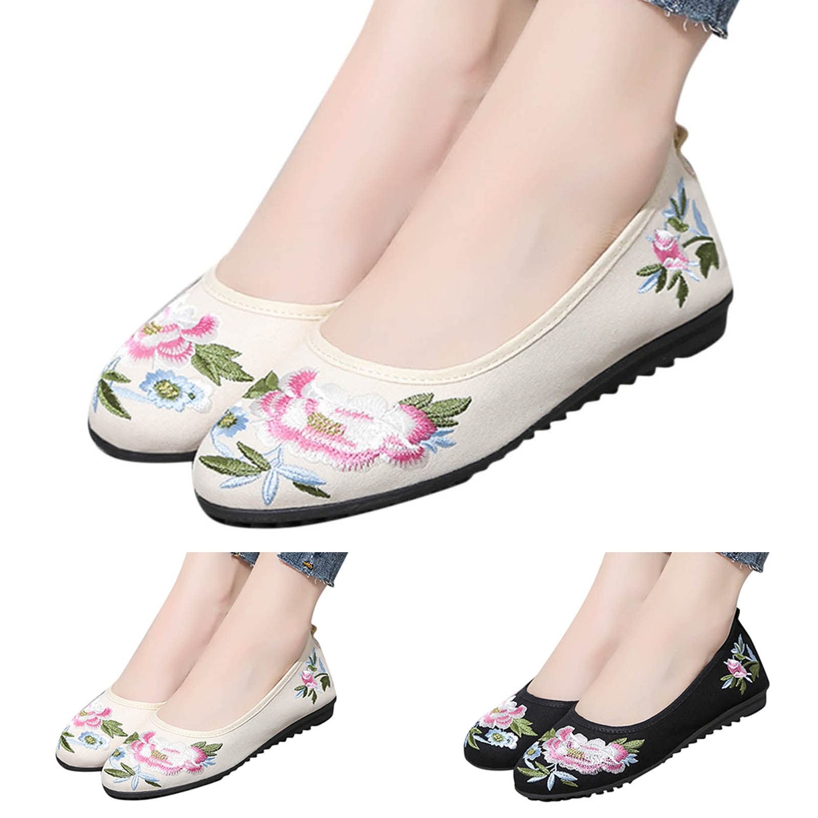 Fashion Autumn Women's Casual Shoes Flat Lightweight Ethnic Style Embroidered Style Leather Casual Shoes Women (Black, 7)