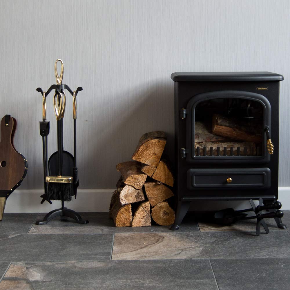 Fire Vida Buxton Lot de 5 Accessoires de cheminée avec Support Noir et Laiton avec Support Comprend tisonnier, Pince, Brosse et Pelle Accessoires de cheminée pour poêle à Bois, foyers et poêles à