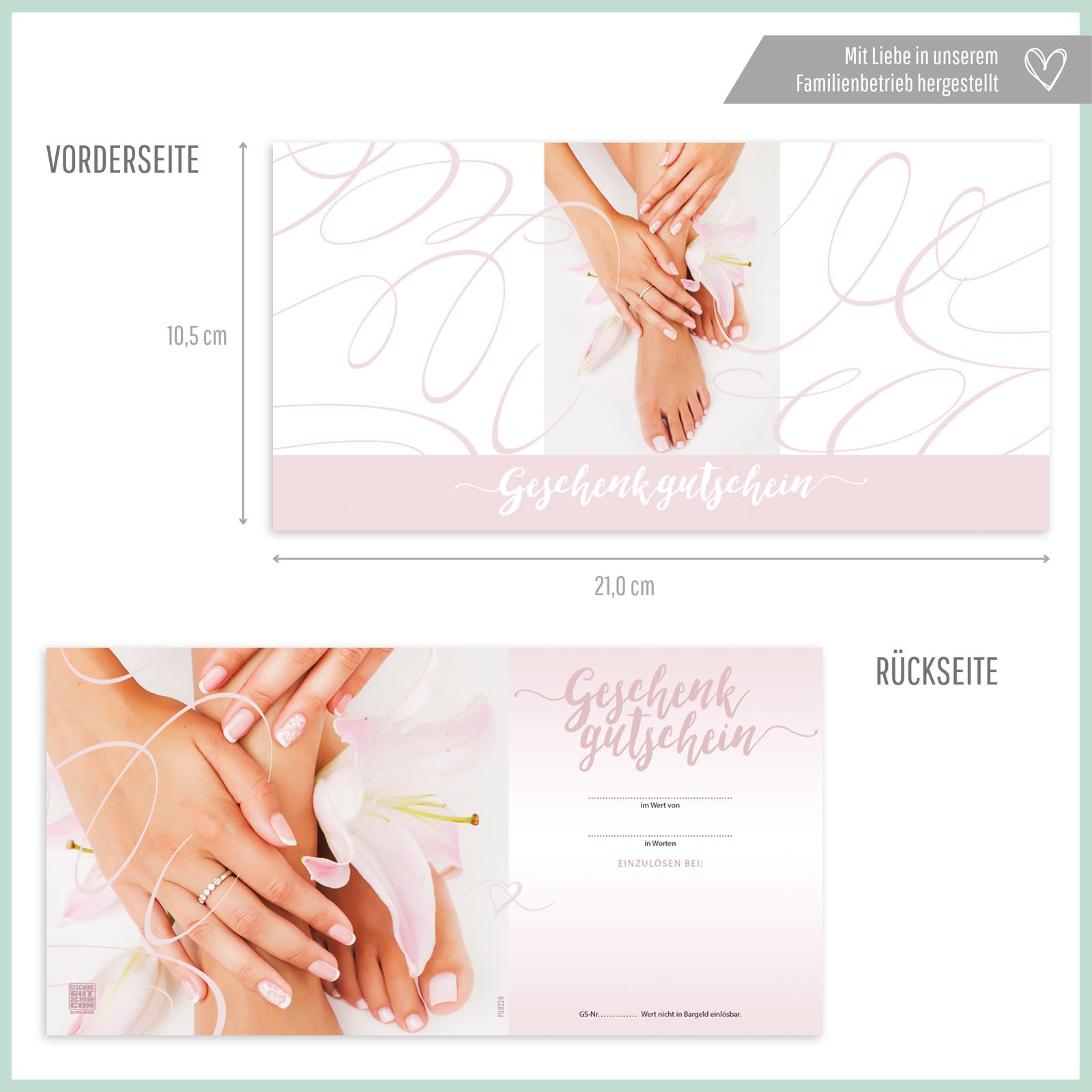 Gutschein-Set. 100x Gutschein + Kuvert. Für Fußpflegesalon Podologie, blanko zum selber Ausfüllen.