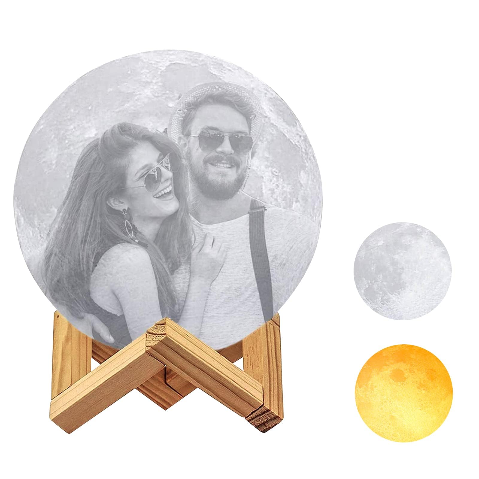 MAYROUND 3D Moon lamp Personalized, Customised Night Light with Photo Picture Text - Wooden Stand, Touch Control, USB Charging, Dimmable, Home Decorative Christmas Valentine's Day Gift