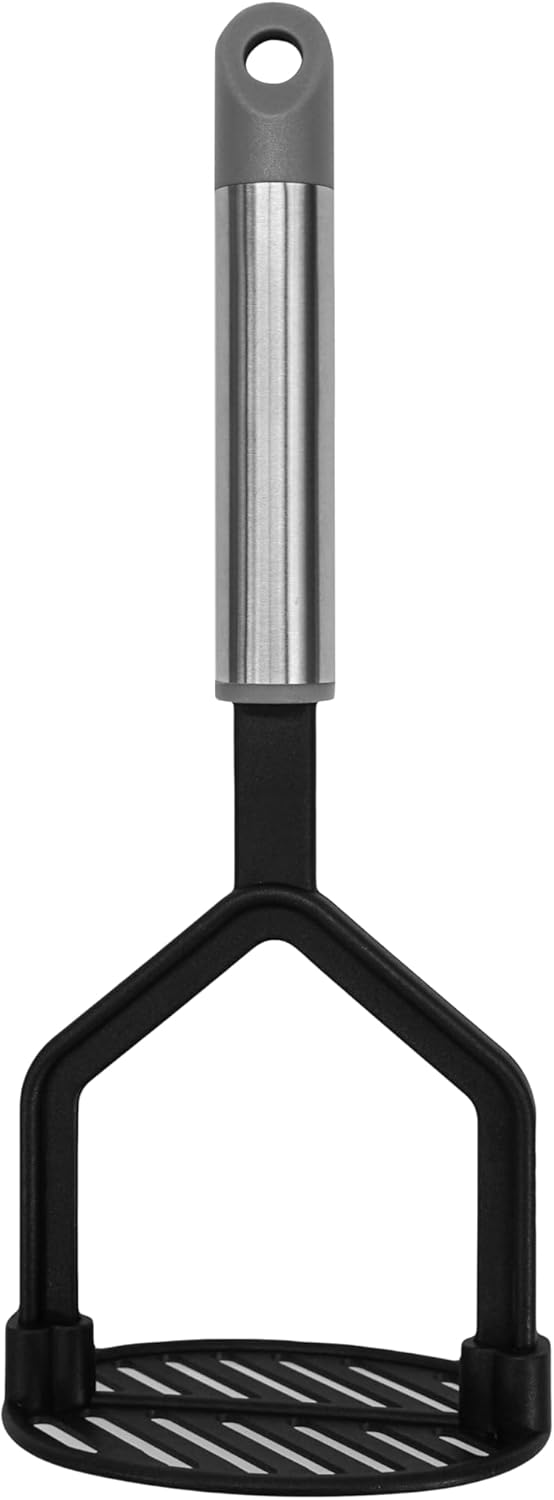 Fackelmann MODE Potato Masher, Food Crusher, PBT Plastic Non-Stick Function Head & Stainless Steel Handle with Hanging Loop, 26.3x10x7.5cm, Black, Grey & Silver