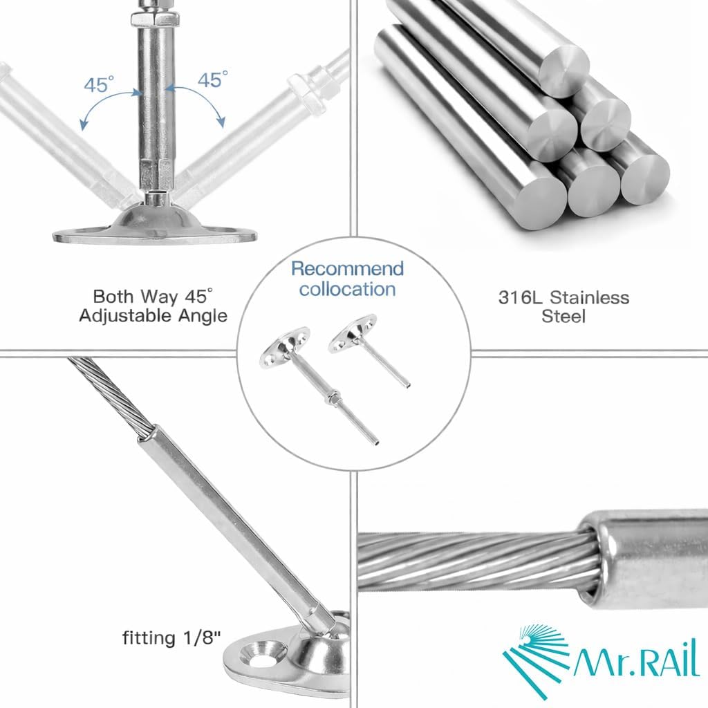 MR.RAIL 1/8" Cable Railing Hardware: 10-Pairs 316L Stainless Steel Connector Tensioner Kit for Wood and Metal Post, Corrosion & Heat Resistant - for Stair Balcony Deck MR-08