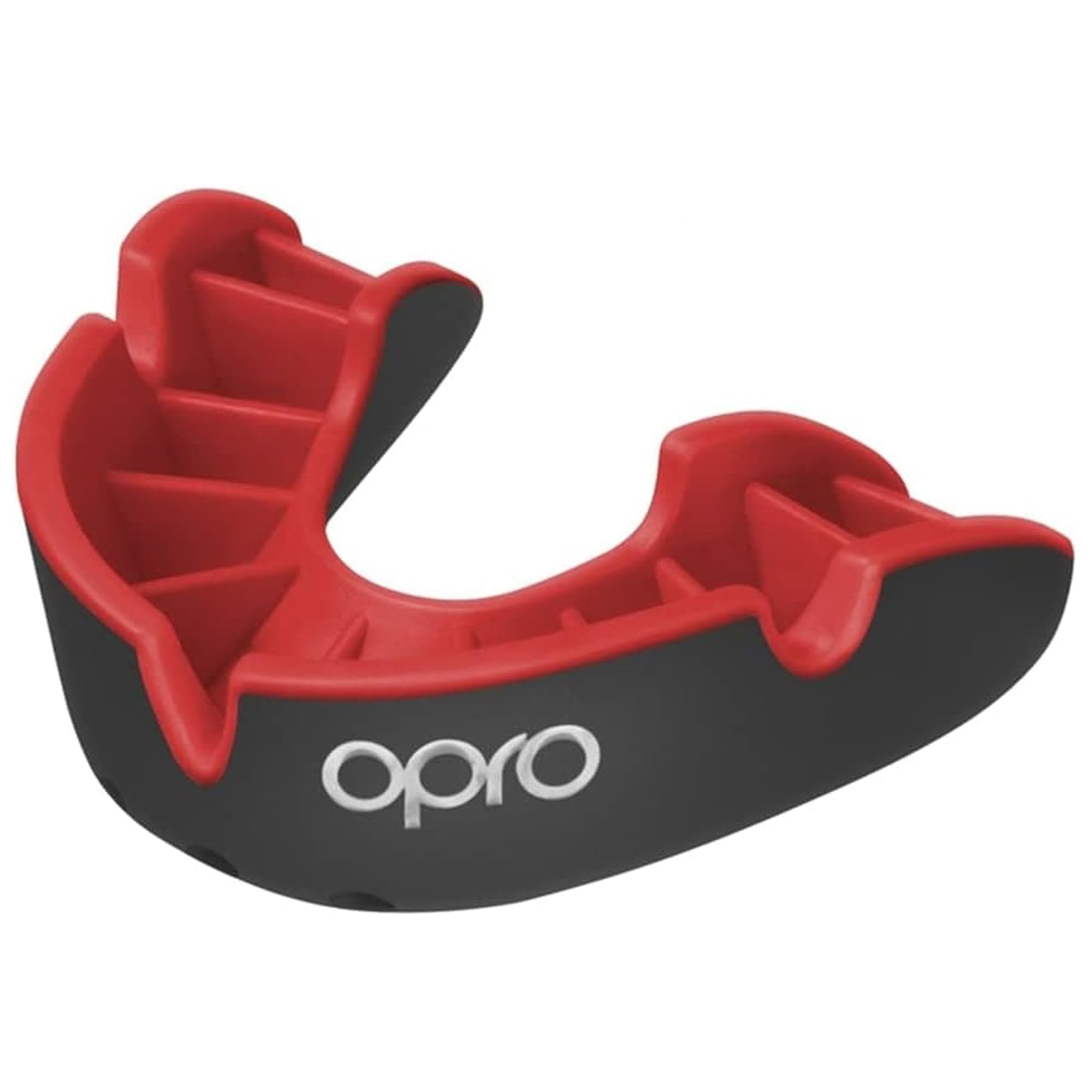 OPRO Silver Level Adult and Kids Sports Mouthguard with Case, Gum Shield Featuring Revolutionary Fitting Technology for Hockey, Lacrosse, Rugby, MMA, Boxing and Combat Sports (Black/Red, Adult)