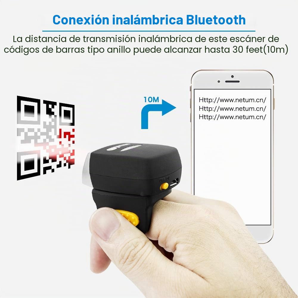 NETUM Bluetooth 2D QR Mini escáner de código de barras para anillo portátil inalámbrico | Escáner de mano inalámbrico lectura precisa y rápida para pantalla de ordenador de pago móvil Android/IOS/IPAD/MAC NT-R2