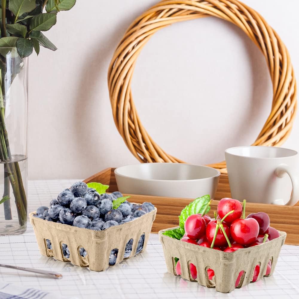 Vmiapxo Paquete de 50 cestas de fibra de pulpa natural, cesta de productos para pequeños agricultores en el mercado de productos y suministros de cocina para fresa, arándano, frambuesa, huevo vegetal