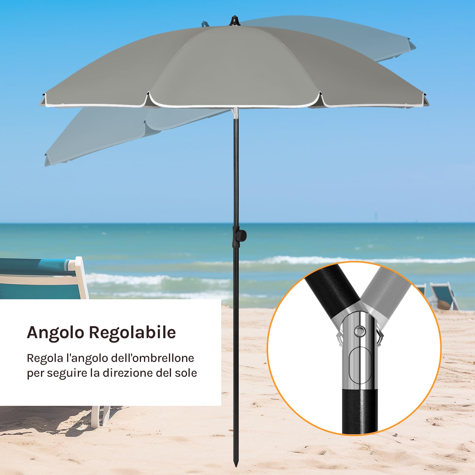 WOLTU Ombrellone da Spiaggia/Giardino con Funzione di Inclinazione e Altezza Regolabile, Tessuto Resistente ai Raggi UV da 180 gsm, Rotondo da 1,55 m Grigio scuro
