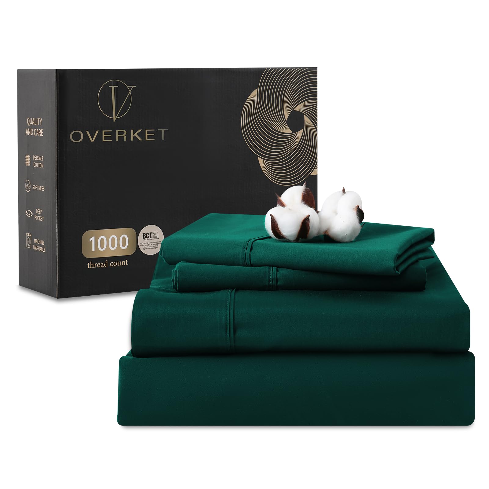 Juego de sábanas de algodón egipcio de 1000 hilos, tamaño Queen, tejido satinado, suave, transpirable, bolsillo de 40,6 cm de profundidad, 4 piezas (Queen, verde oscuro)