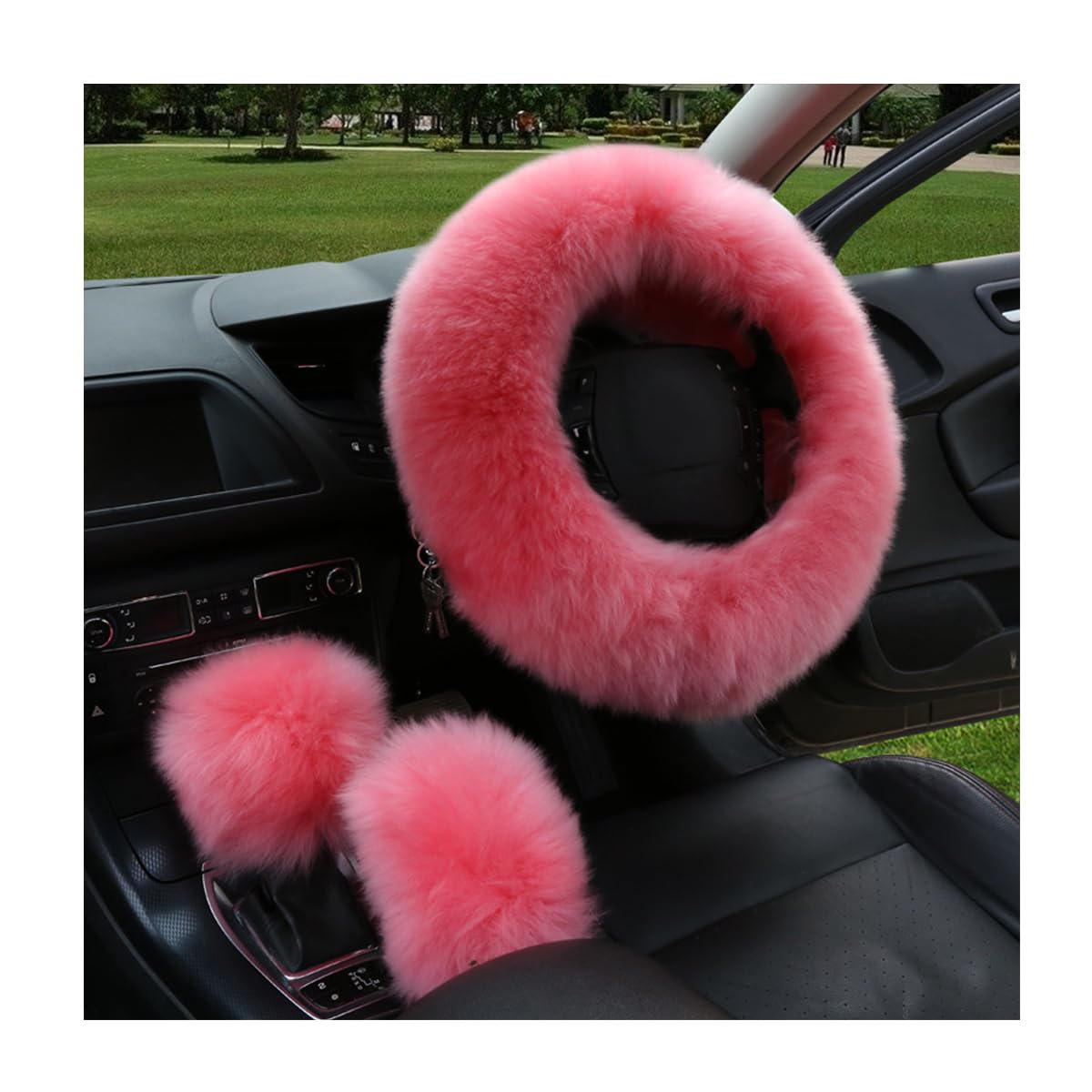 3PCS Pure Wool Steering Wheel Cover, 15 Inches Furry Steering Wheel Protector with Handbrake & Gear Shift Cover, Universal Soft Fluffy Steering Wheel Car Accessories (Pink)