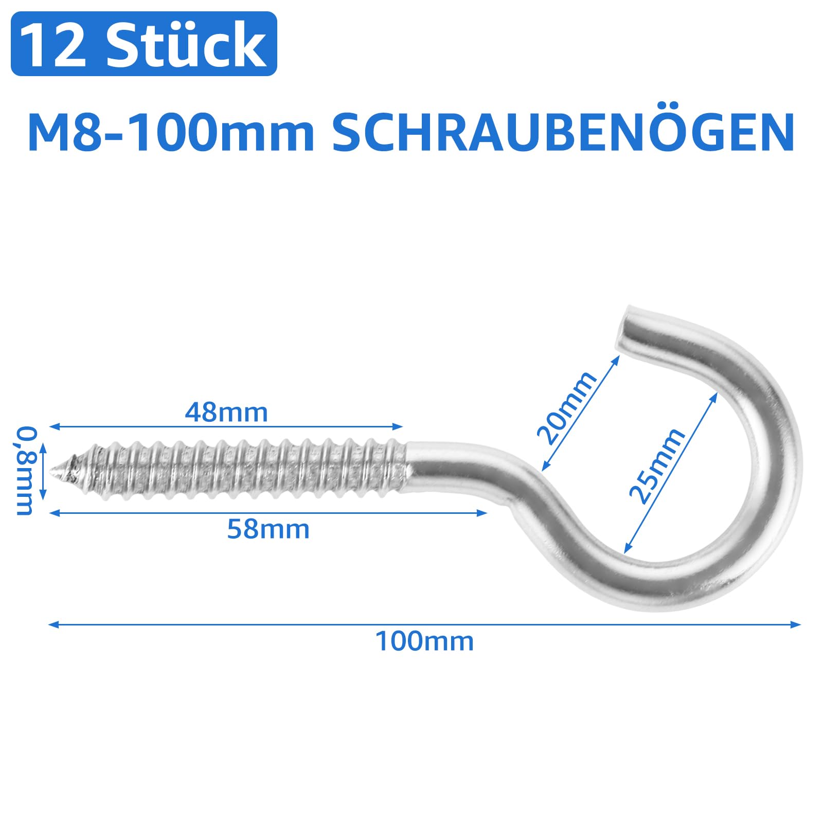 12 ganchos de rosca de acero inoxidable M8 x 100 mm, 304 ganchos para techo, ganchos para atornillar para hamacas, toldos, sillas colgantes, mecedoras, cables fijos, cestas colgantes