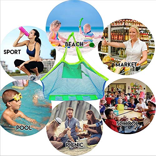 COOLGOEU Strandtasche Strandspielzeug Tasche XXL Groß für Sandspielzeug Wasserspielzeug für Kinder Aufräumsack Spielsack Badetasche Beachbag Faltbar für Familie Urlaub (Blau Mesh/Grün Strap)