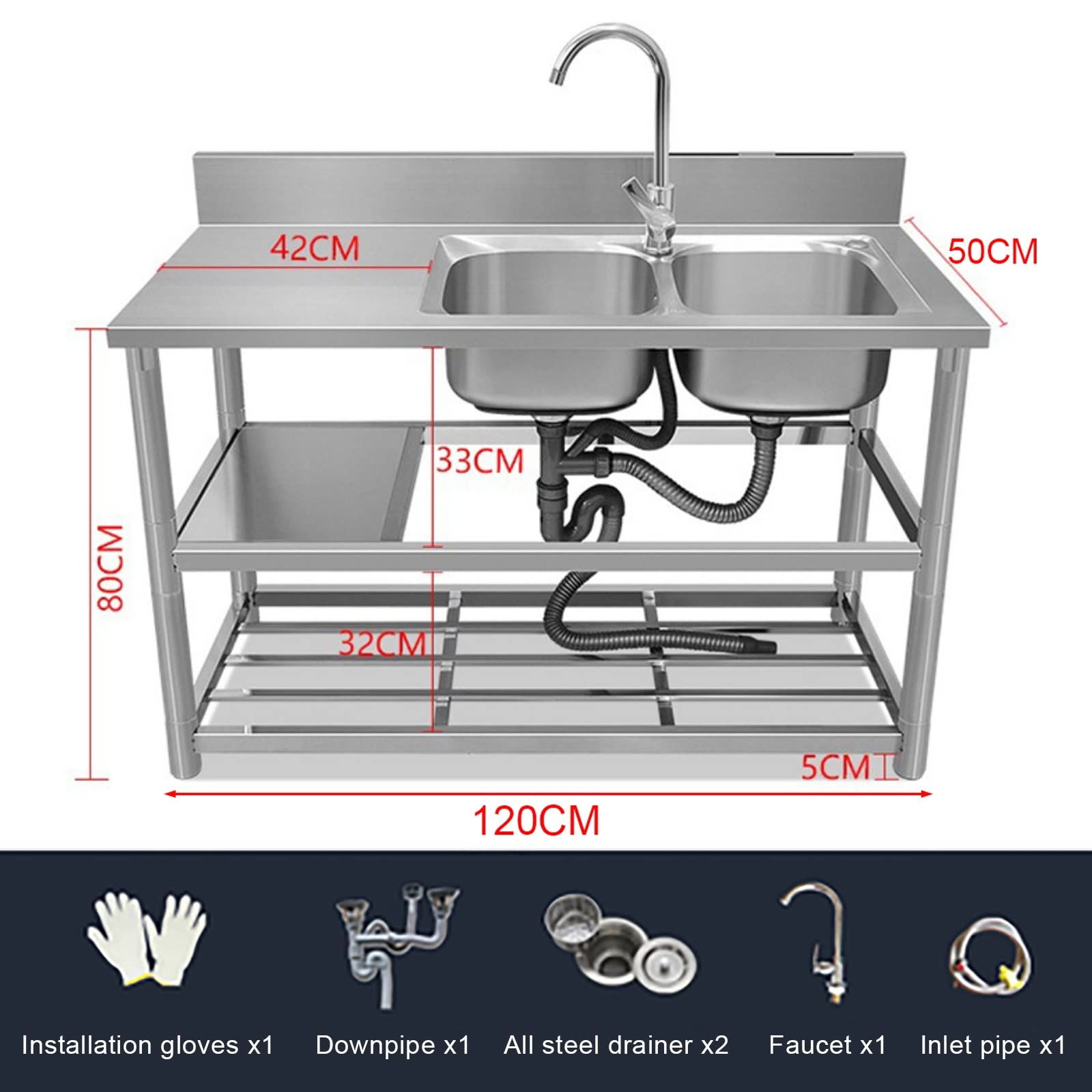 Lavelli a Doppia Vasca, lavello per Catering, lavello da Cucina in Acciaio Inossidabile, lavello da Cucina Industriale con banco da Lavoro e Ripiani portaoggetti, per Interni ed es