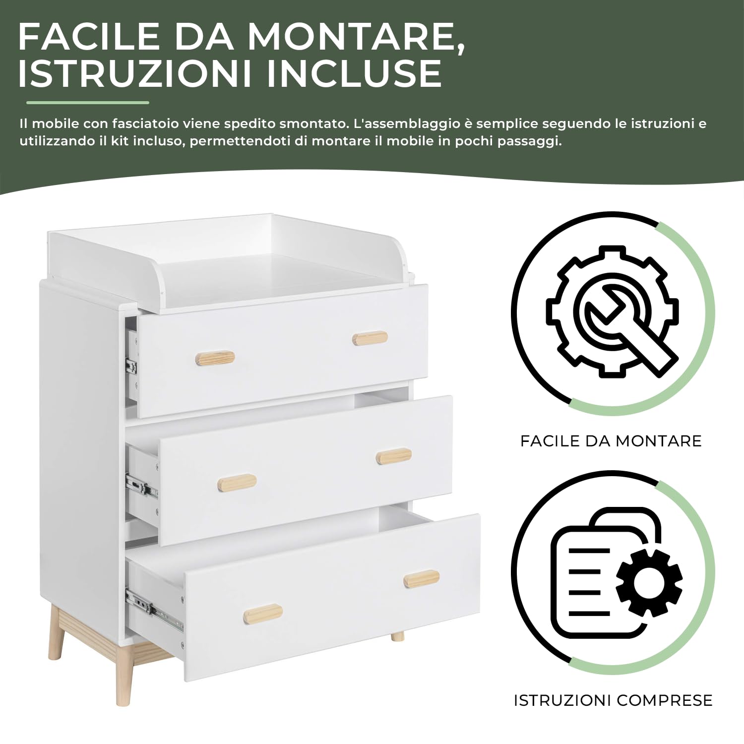 Rebecca Mobili Fasciatoio con Cassetti 3 Cassetti Bianco Marrone MDF Pino 100x80x42 cm