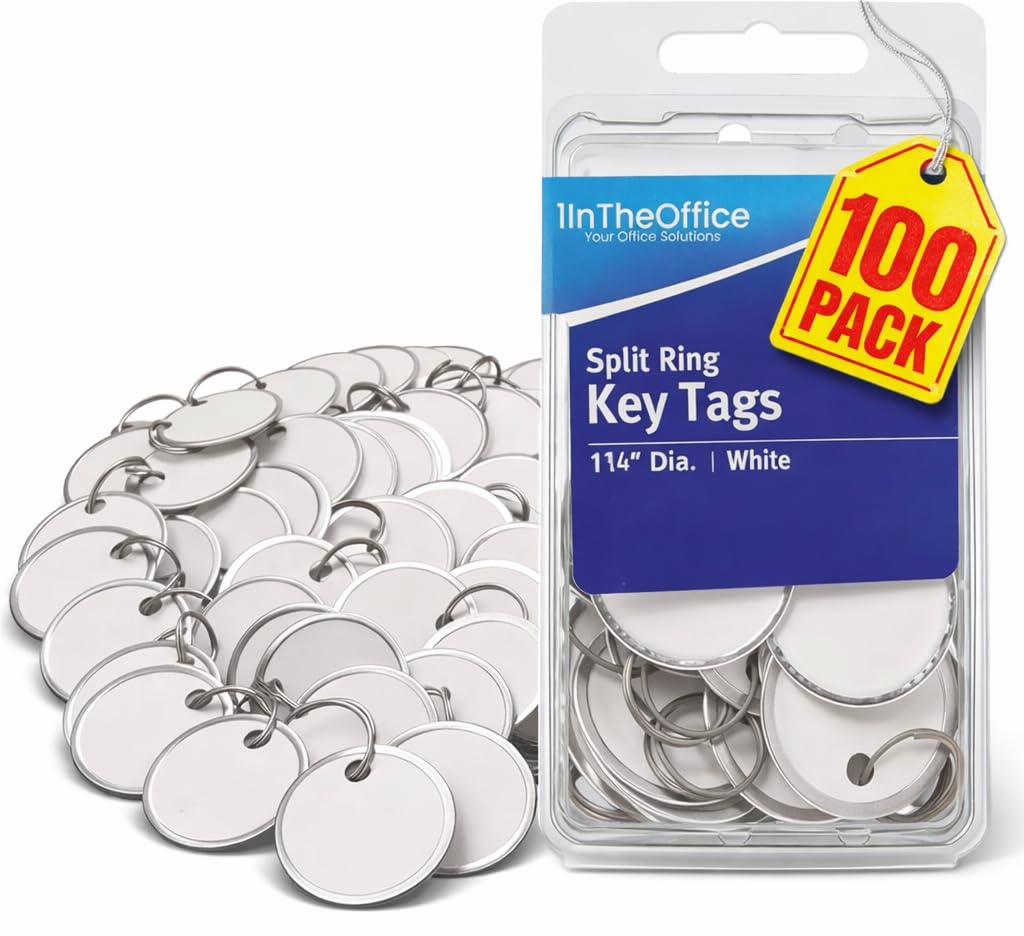1InTheOffice 100 Pack Metal Key Tags with Split Ring and White Card Labels