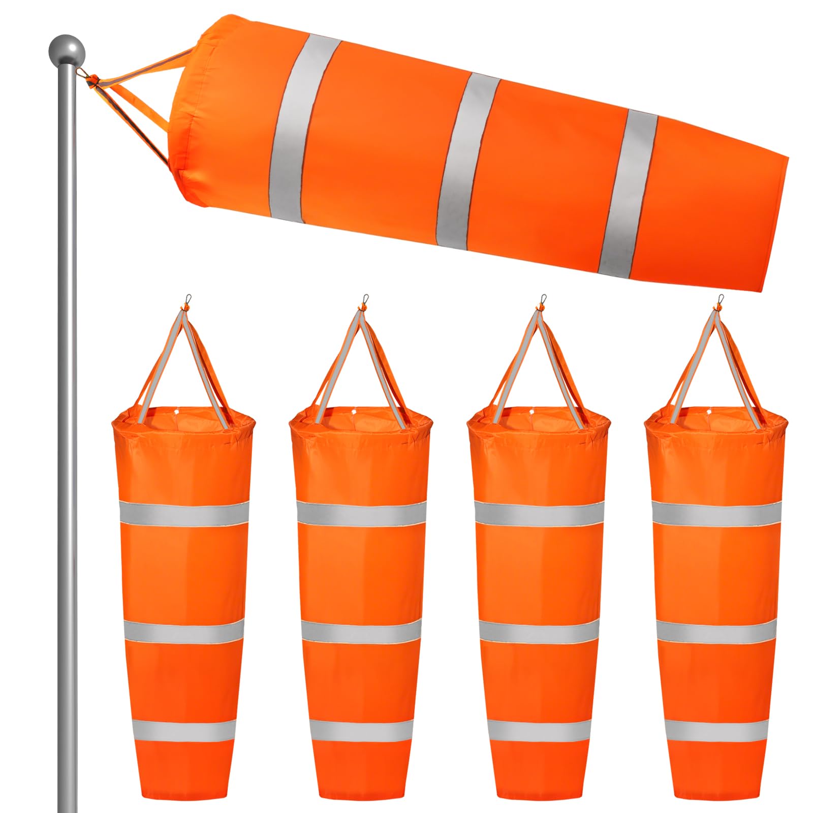 ZOOFOX 4 Pack 40 Inch Windsock, Heavy Duty Printed Wind Direction Measurement Sock Bag, Rip-Stop Orange Windsocks with Reflective Belt for Outdoors Airport Farm and Park
