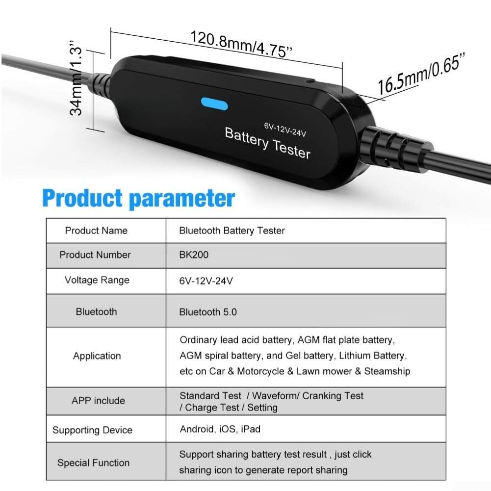 Tester wireless per batteria 6 V-24 V per gel Agm, strumento diagnostico con analisi Cca, per auto camion moto (nero)